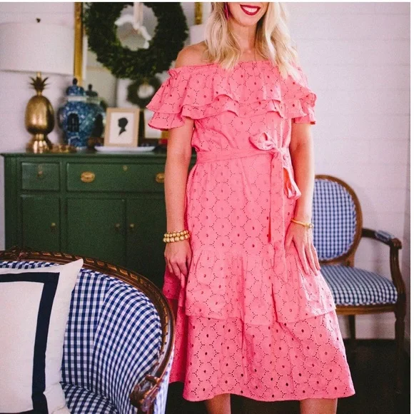 💞Elizabeth Wilson Pink Eyelet ruffle midi dress size small. - Picture 2 of 4